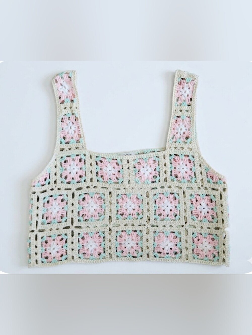 FCT Crochet Granny Square Crop Tank Top Pastel Coquette Boho L NWT